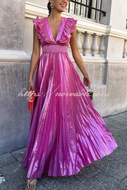Party Season Metallic Fabric Pleated Smocked Waist Ruffles Sleeve Maxi Dress