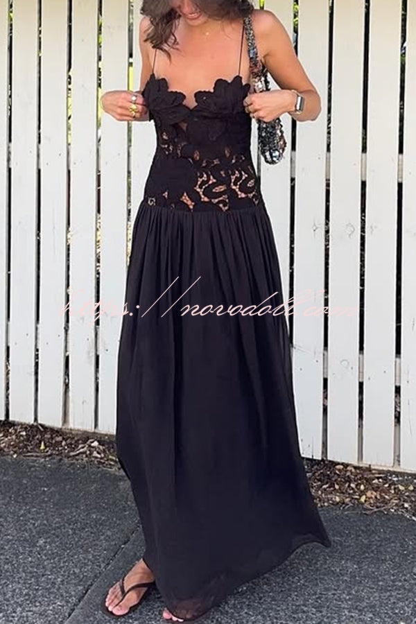 Stephanie Flower Crochet Lace Bust Chiffon Fluffy Hem Maxi Dress