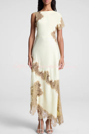 Paris Dream Satin Lace Trim Irregular Design Drape Maxi Dress