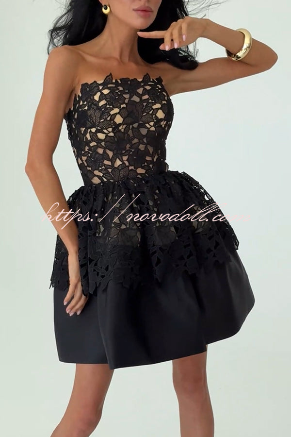 Angie Embroidered Floral Lace Patchwork Off Shoulder Tulip Hem Mini Dress