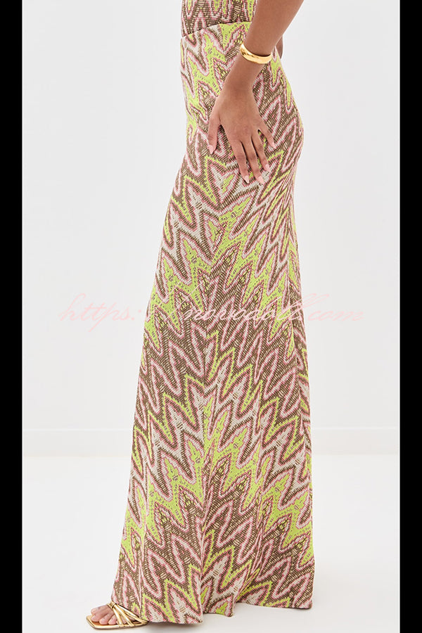 Moonlit Waltz Knit Jacquard Zigzag Print High Rise Stretch Flare Maxi Skirt