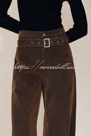 Taylor Denim Mid Rise Detachable Belt Flocked Pocket Wide Leg Jeans