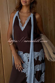 Sunday Social Contrast Color Satin Lace Trim Neck Strap Loose Tank