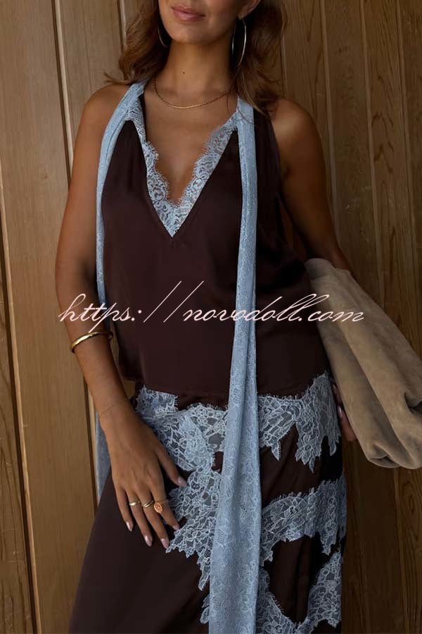 Sunday Social Contrast Color Satin Lace Trim Neck Strap Loose Tank