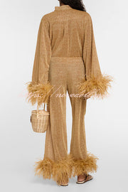 Glitter Fabric Feather Trim Long Sleeve Button Top and Elastic Waist Loose Straight Pants Set