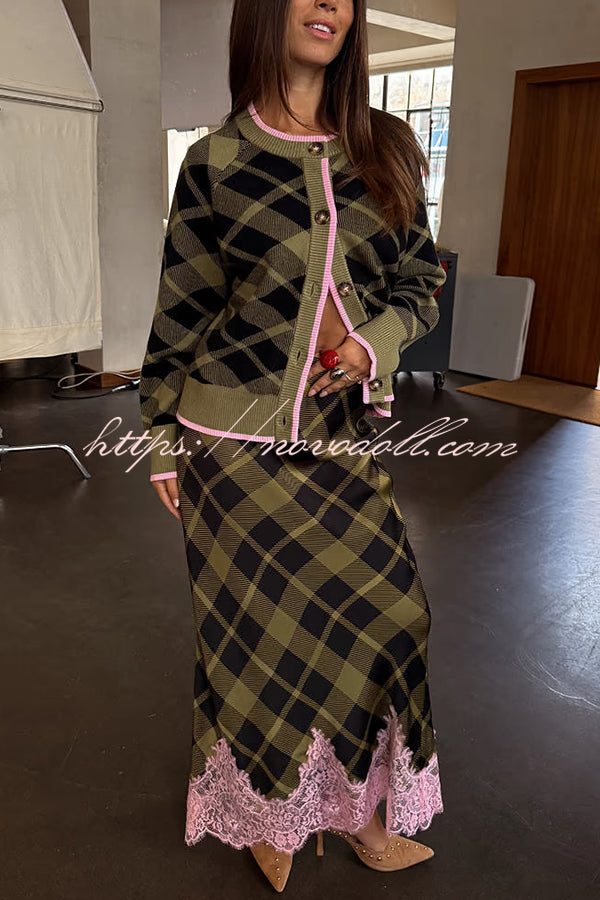 Holiday plaid Satin Unique Print Patchwork Lace Stretch Waist Draped Maxi Skirt