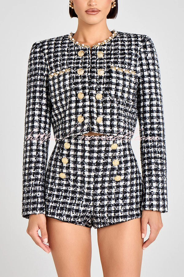 Remy Check Bouclé-tweed Fabric Pearl Trim Gold Button Long Sleeve Jacket