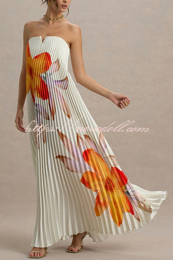 For Every Occasion Satin Pleated Floral Print V-wire Bandeau Neck Maxi Dress