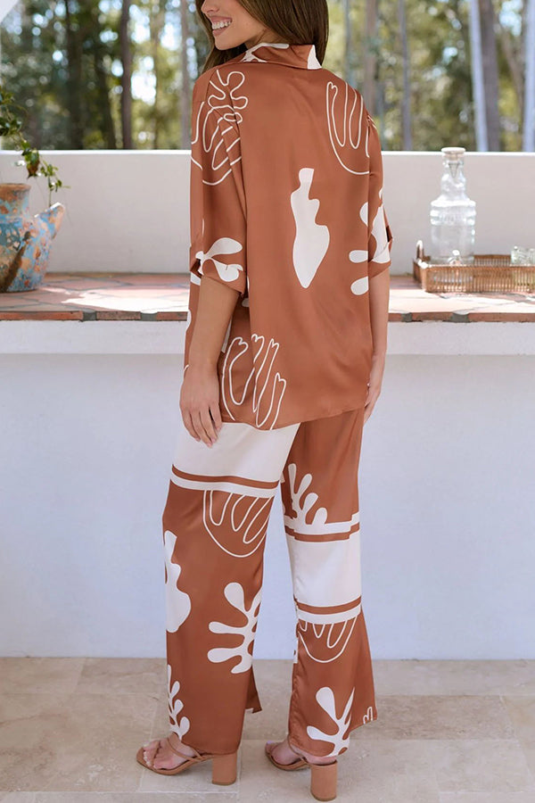 The Beach Girls Unique Color Block Print Button Up Shirt and Elastic Waist Pants Set