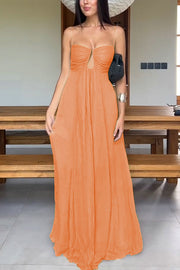 Soft and Elegant Metal Hollow Design Back Smocked A-line Slip Maxi Dress