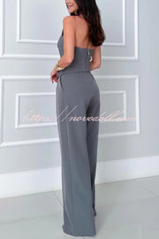 Elegant Bandeau Back Zip Cropped Top and High Waist Pocket Wide Leg Pants Set
