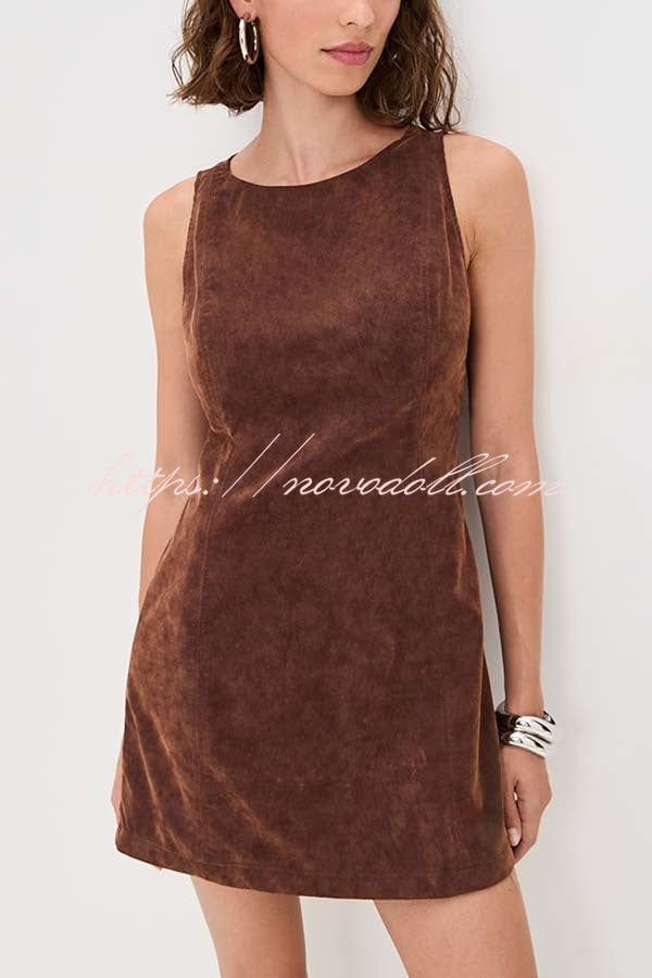 Atlas Faux Suede Open Back Button Accents Zipper Mini Dress