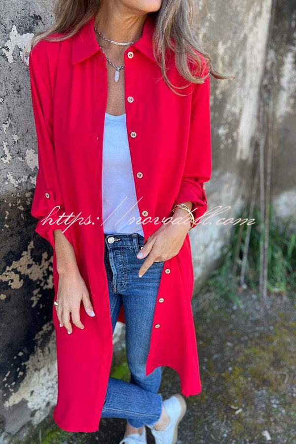 Solid Color Lapel Long Sleeve Button Casual Long Shirt