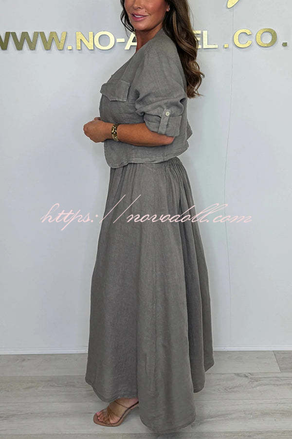 Solid Color Casual Short Jacket and Suspender Pleated Maxi Dress Set