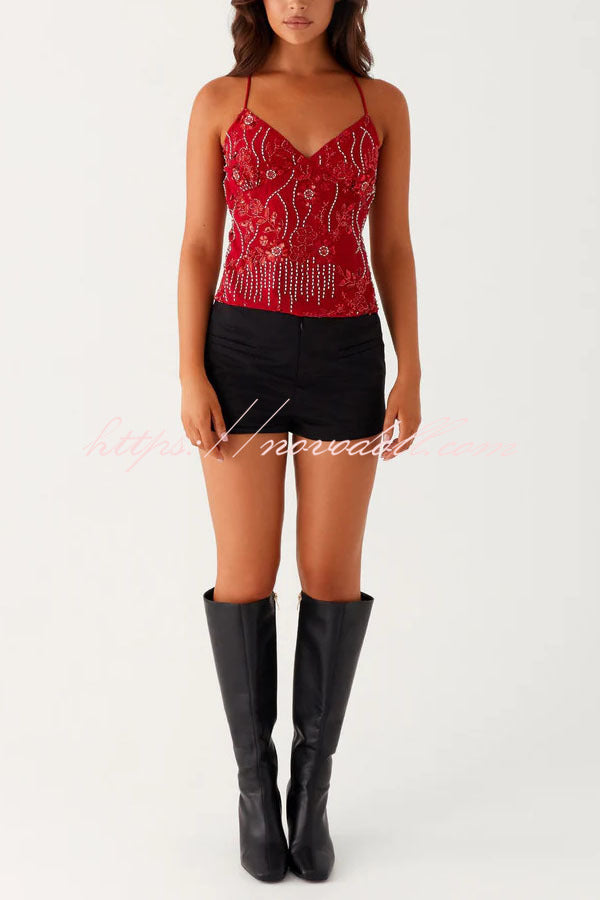 Dazzling Sequin Beaded Material Back Lace-up Loose Tank