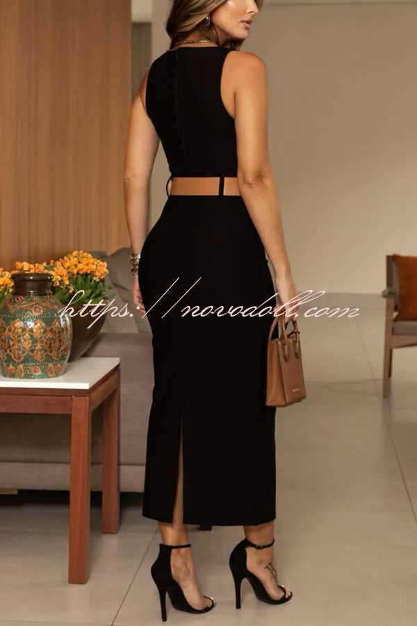 Solid Color Crew Neck Sleeveless Belted Midi Dress