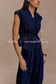 Charley Denim Button Up Cap Short Sleeve Structured Tie-up Lapel Top