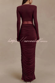 Sexy See-through Long-sleeved V-neck Pleated Slim-fit Maxi Dress