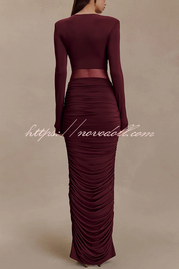 Sexy See-through Long-sleeved V-neck Pleated Slim-fit Maxi Dress