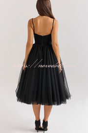 Royal Treatment Tulle Bows Detail Ruched Slip Midi Dress