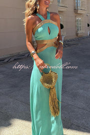 Avery Gold-rimmed Bamboo Cutout Back Tie-up Maxi Dress