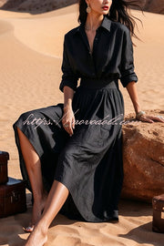 Solid Color Lapel Long Sleeve Casual Waist Midi Dress
