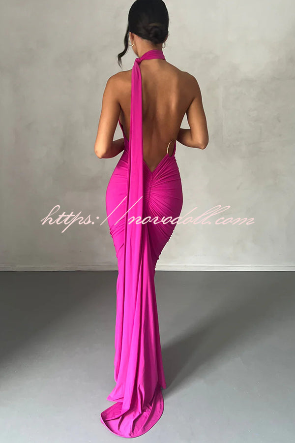 Sexy Backless Pleated Slim Solid Color Sleeveless Elegant Maxi Dress