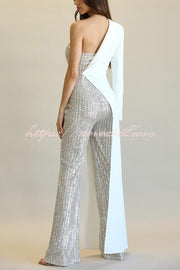 Fashionable Sequined Patchwork One-sided Long-sleeved Asymmetrical Jumpsuit