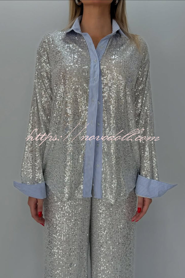 Fashion Sequined Loose Long-sleeved Shirt and Casual Elastic Waist Wide-leg Pants Set