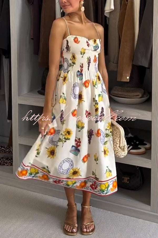Summer Fruit Print Sling Pleated Vacation Midi Dress