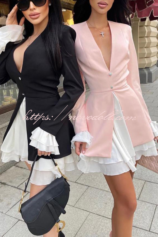 Sherna V-neck Ruffled Patchwork Button Up Long Sleeve Mini Dress