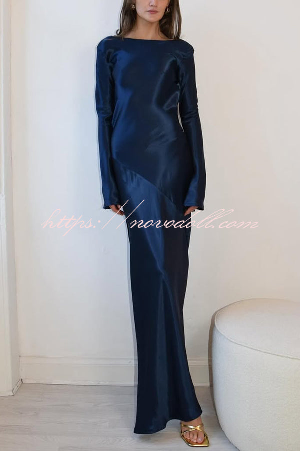 Satin Elegant Long-sleeved Open-back Slim-fit Slit Maxi Dress