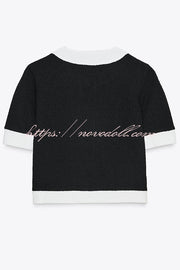 Fashionable Contrast Color Short-sleeved Button-down Top