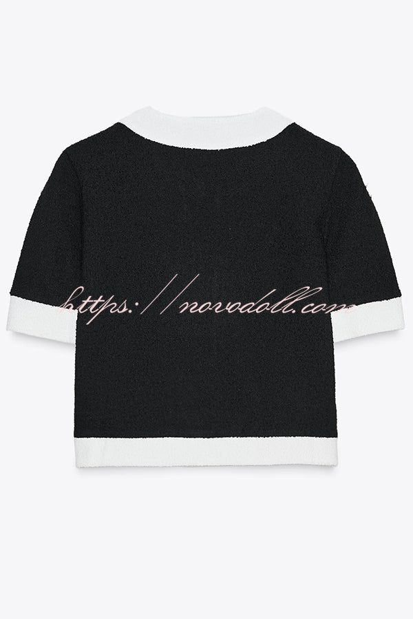 Fashionable Contrast Color Short-sleeved Button-down Top