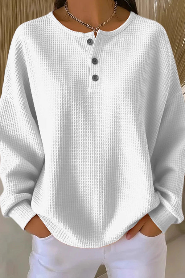 Fashionable Waffle Round Neck Long Sleeve Loose Top