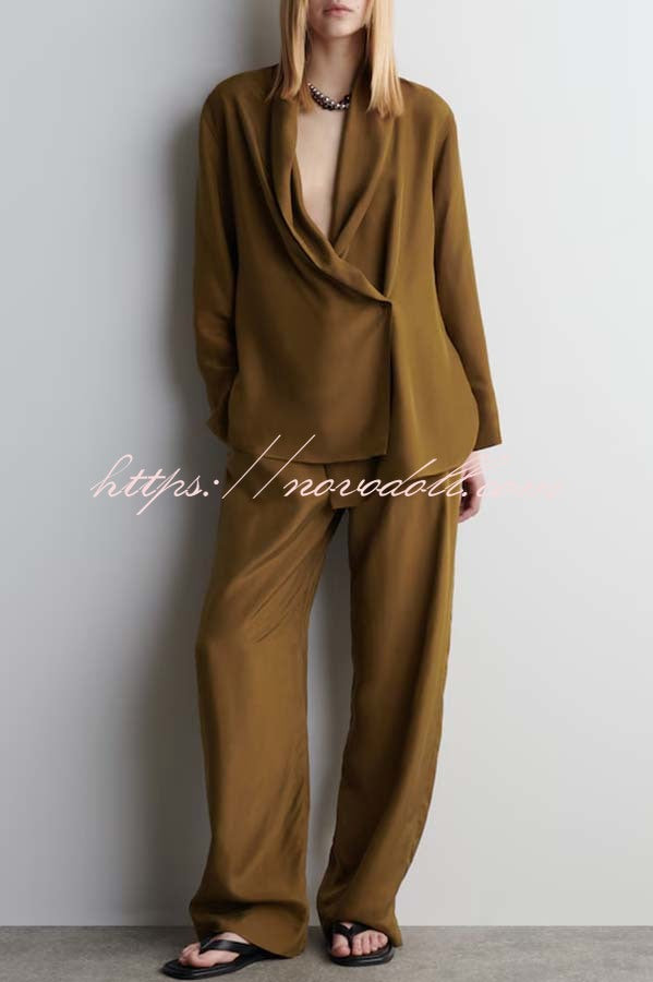 Bella Satin Drape Collar Single Button Casual Blazer and Elastic Waist Pocket Loose Pants Set