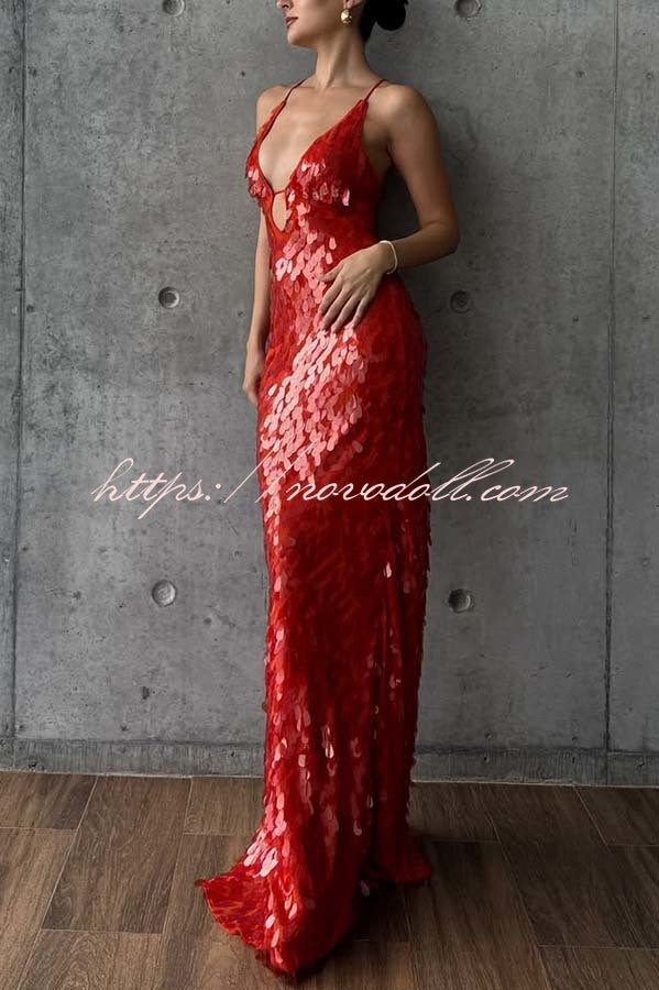 Reshape Beauty Fish Scale Sequin Cutout U-neck Slip Maxi Dress