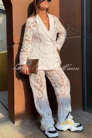 Fashionable Lace Long-sleeved Lapel Loose Top and Casual Hollow Pants Set