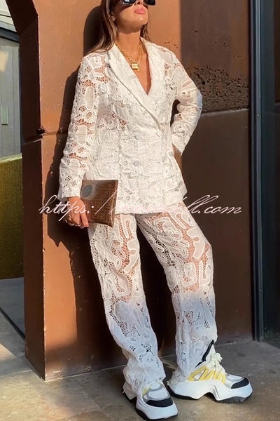 Fashionable Lace Long-sleeved Lapel Loose Top and Casual Hollow Pants Set