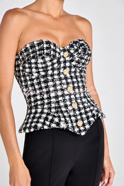 Maya Check Bouclé-tweed Fabric Sweetheart Neck Gold Button Strapless Tank