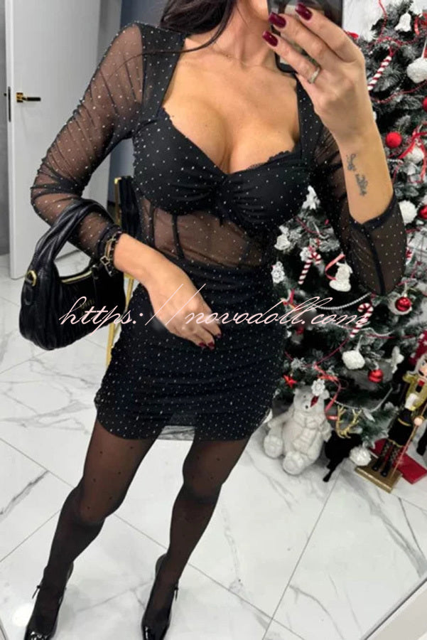 Gaze Mesh Glitter Fabric Sweetheart Neck Long Sleeve Stretch Mini Dress