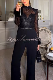 Aerie Sequin Embellished Mock Neck Long Sleeve Feather Cuff Flare Jumpsuit