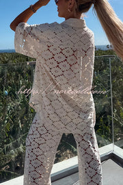Holiday Crochet Flowers Lace Short Sleeve Shirt and Elastic Waist Wide Leg Pants Set