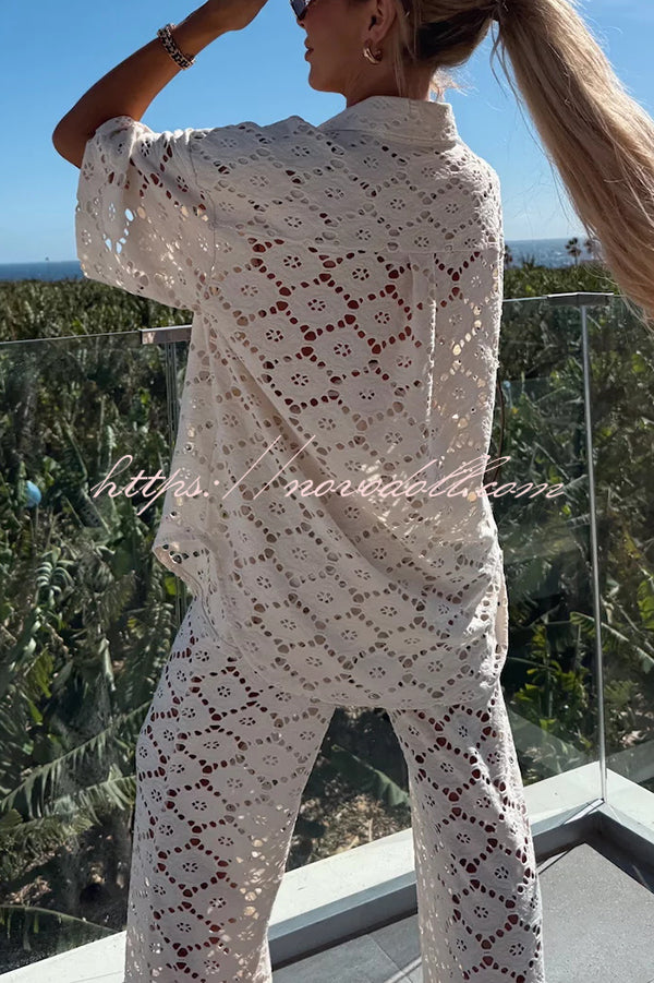 Holiday Crochet Flowers Lace Short Sleeve Shirt and Elastic Waist Wide Leg Pants Set