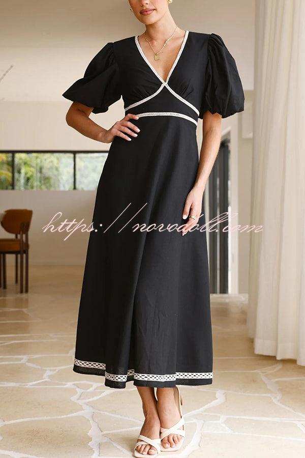 Fashionable Contrasting Color Edge V-neck Puff Sleeve Midi Dress