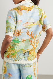 Unique Printed Lapel Short Sleeve Loose Shirt and Elastic Waist Casual Pocket Vacation Pants Set