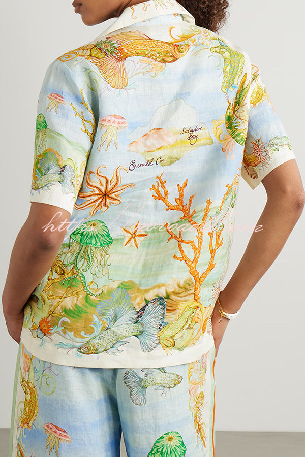 Unique Printed Lapel Short Sleeve Loose Shirt and Elastic Waist Casual Pocket Vacation Pants Set