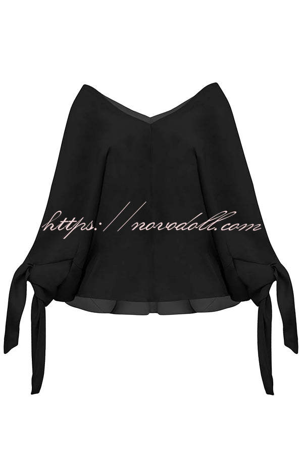 Joyful Bond Linen Blend V-neck Knotted Cuff Half Sleeve Loose Top