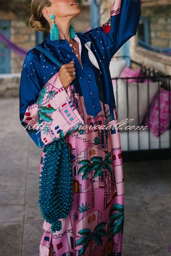 Seaside Stroll Satin Unique Print Button Up Long Sleeve Slit Kaftan Midi Dress