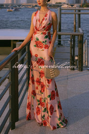 Rose Print Sexy Halter Neck Strappy Backless Slim Fit Maxi Dress